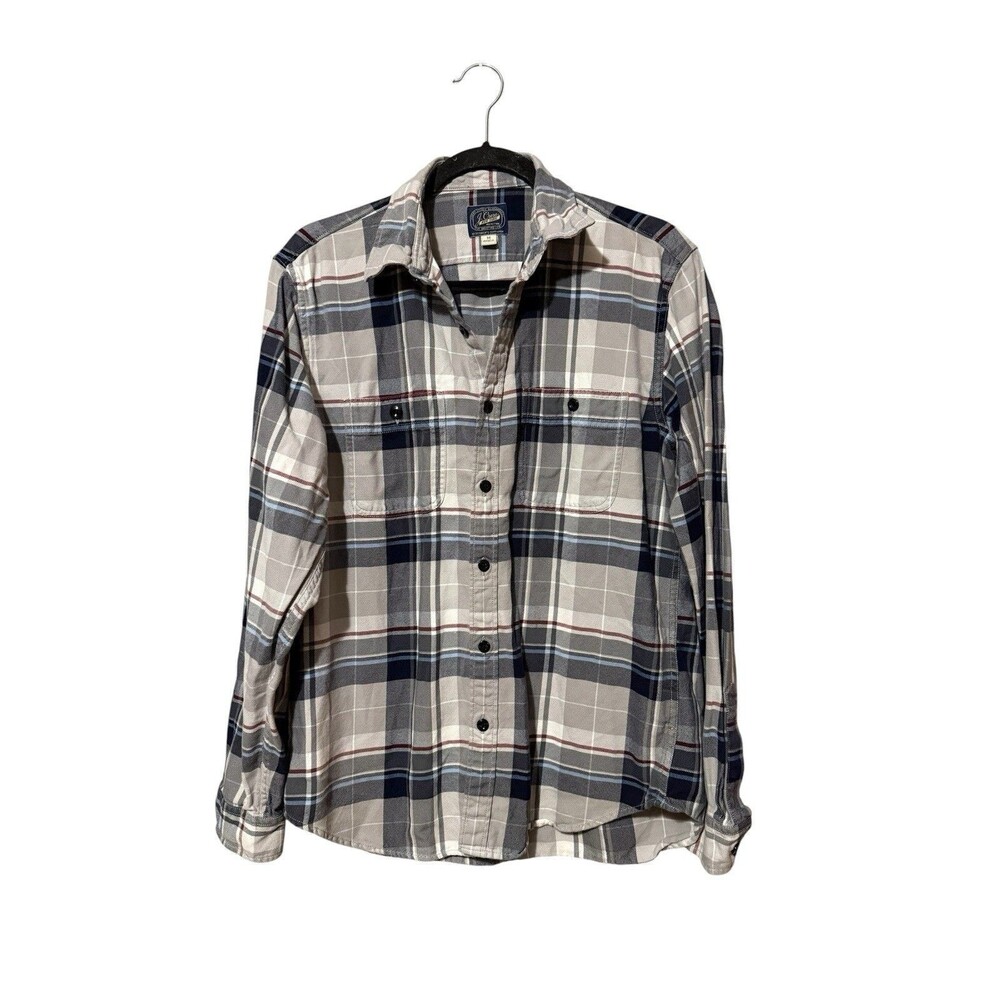 J.Crew Mens Plaid Flannel Shirt M Cotton Gray Navy Button Up Two Pocket